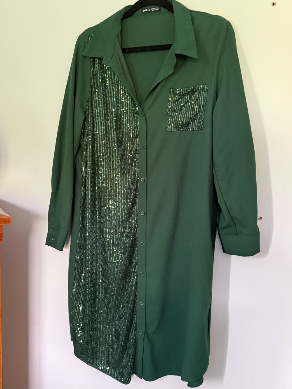 SHEIN Green Sequin Panel Long Shirt Dress